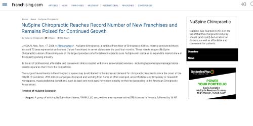 NuSpine Franchise Press Release NuSpine Chiropractic Reaches Record Number of New Franchises and Remains Poised for Continued Growth